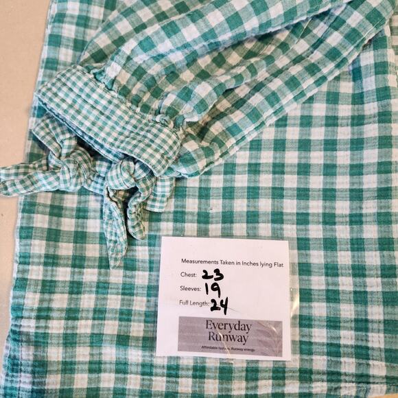 Loft Outlet Top XL Green White Gingham Button Front 3/4 Tie Sleeve Cotton Blend - Picture 9 of 10